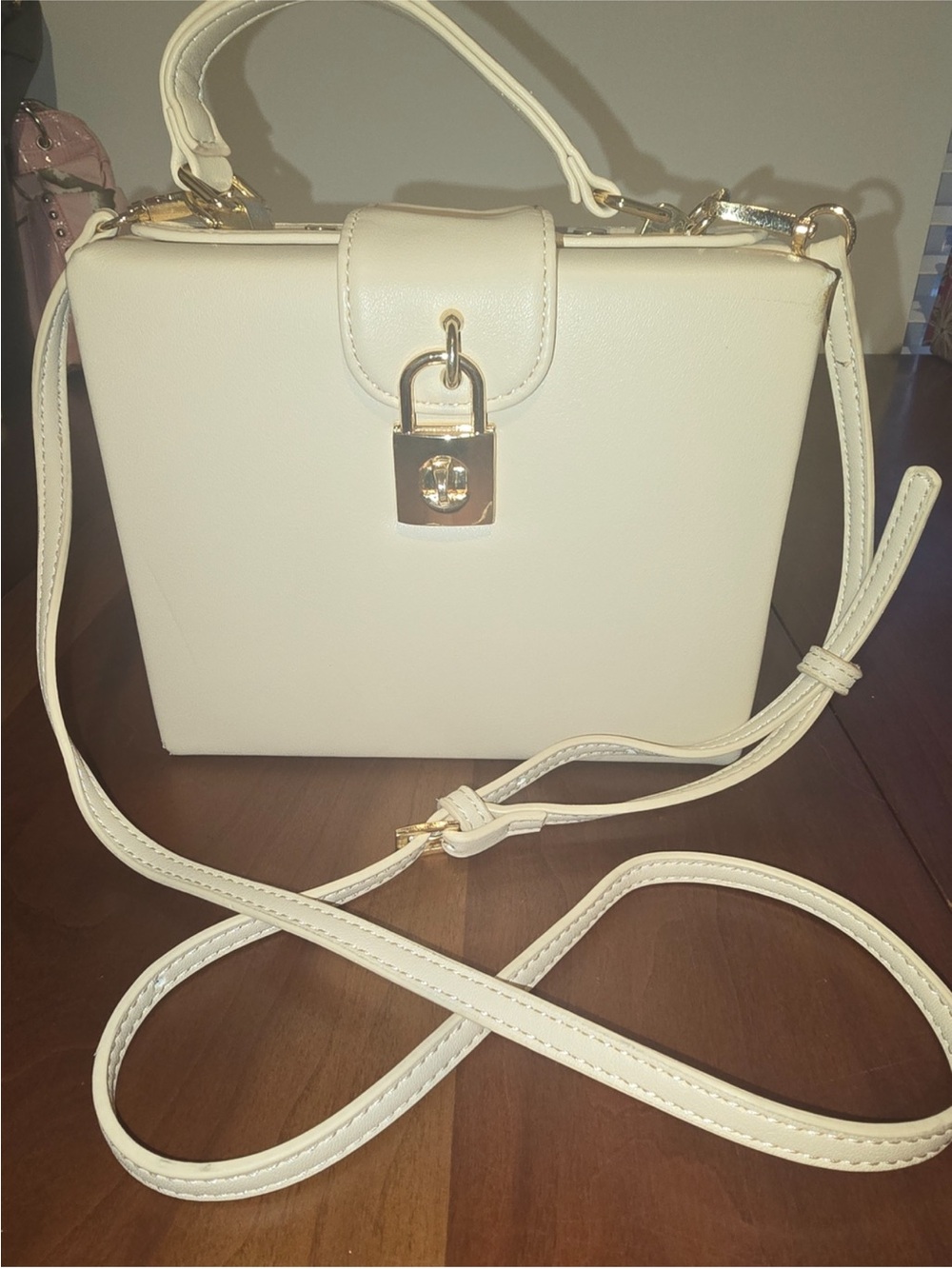 Cream Crossbody Box Bag with Gold Lock